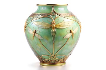 Elegant Art Nouveau Vase with Mint-Green Vines, Iridescent Dragonflies & Gold Filigree on Pastel Haze