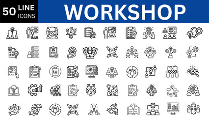 workshop icons, icon set of teamwork with coaching, training, meeting, simple symbols, linear vector illustration, outline editable stroke