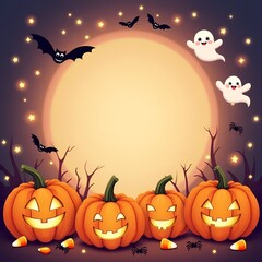 Spooky Halloween Kids Illustration Carved Pumpkins with Copy Space