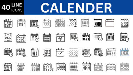 Calendar icon set. Containing date, schedule, month, week, appointment, event, time, planning, day, agenda, clock and more. Editable line icons. Vector illustration. 