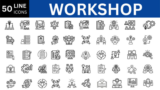 workshop icons, icon set of teamwork with coaching, training, meeting, simple symbols, linear vector illustration, outline editable stroke