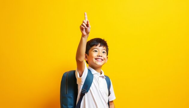 A small Asian boy in a white T-shirt smiles against a yellow background, pointing with his index finger at a place for text. I'm going to school soon. Knowledge day. The student goes to the 1st grade.