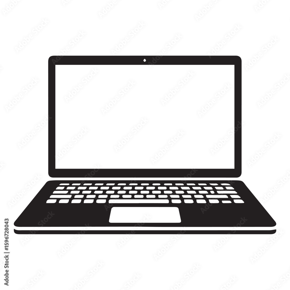 Fototapete vector art of a black silhouette of an open laptop computer with a blank screen and keyboard, isolat