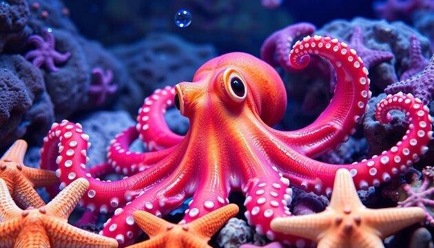 Smiling octopus amidst starfish, bubbles, tranquil ocean scene,  delight,  illustration - Powered by Adobe