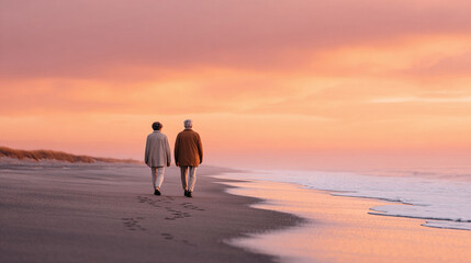 Serene image of a senior couple walking together on a beach at sunset. Evokes feelings of companionship, retirement, peace, and enduring love. Ideal for health, finance, and lifestyle concepts.