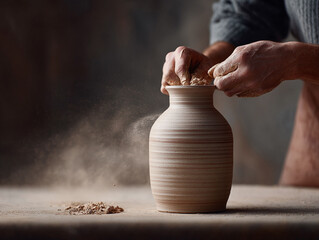 Hands shaping clay on a pottery wheel, crafting a vase. Demonstrates skill, artistry, and handmade creation. Ideal for art, hobbies, or craftsmanship themes.