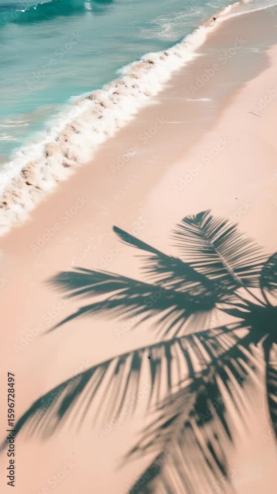 Poster aerial view of a serene beach with gentle waves and a palm tree shadow, capturing a tranquil, tropic