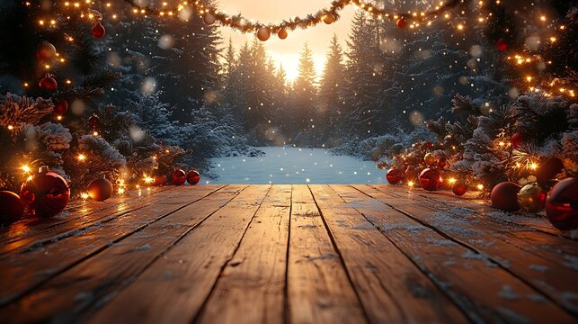 Festive christmas scene with decorations snowflakes and wooden table in a snowy forest - Powered by Adobe