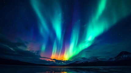 Stunning display of the Northern Lights illuminating the night sky over a serene lake landscape