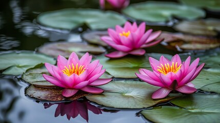 Tranquil pond scene featuring vibrant pink water lilies blooming amidst green lily pads in serene water