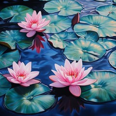 Tranquil pond scene featuring vibrant pink water lilies surrounded by lush green lily pads