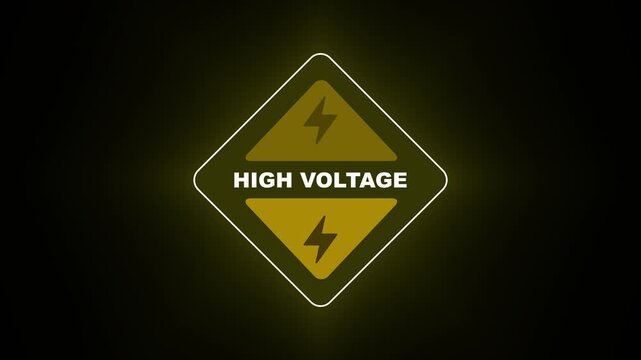 Animation of a yellow triangle caution sign, animated on black background. warning about high voltage danger