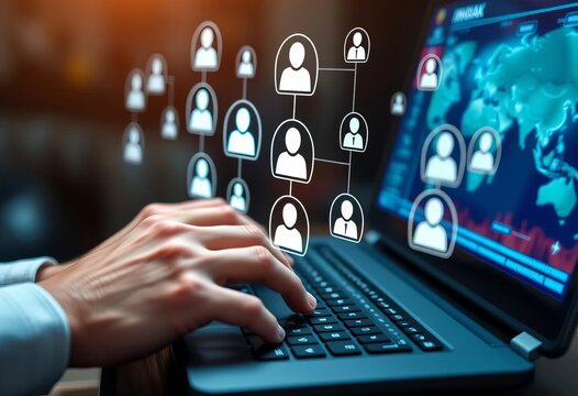 Hands typing on keyboard, searching for candidates for international recruitment network; hologram icons on screen, collaboration, candidate