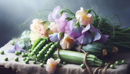 Fresh Green Peas and Zucchini with Sweet Pea Flowers Still Life
