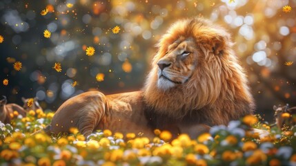 Majestic Lion Relaxing in a Colorful Flower Field During Sunset