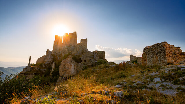 Italy, July 5, 2025: Ruins of Rocca Calascio Castle, an Italian tourist destination and landmark in the Gran Sasso National Park, L'Aquila, Abruzzo. Clear blue skies at .