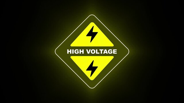 Animation of a yellow triangle caution sign, animated on black background. warning about high voltage danger