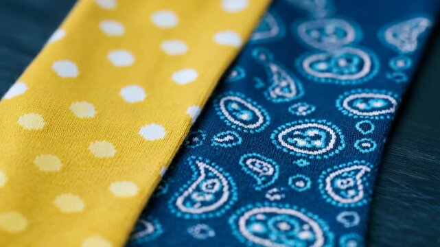 Close up of Stylish Socks Featuring Yellow Polka Dots and Blue Paisley Patterns on Dark Background for Apparel Fashion and Creative Design