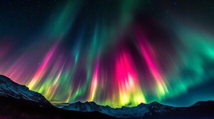 Vibrant auroras dance over snow-capped mountains under a starry night sky, creating a stunning spectacle