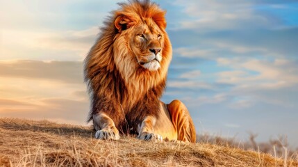 Majestic Lion Relaxing on a Hill Under a Beautiful Sky at Sunset