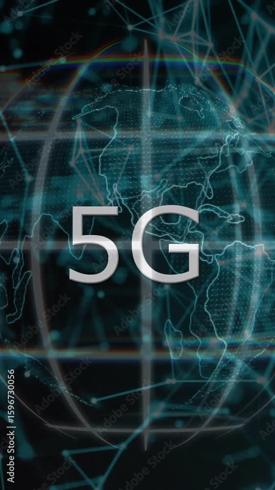 Poster 5g animation showing digital globe with network connections and data streams