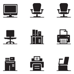 Vector art of a collection of office equipment icons features computers, chairs, printers, and storage cabinets for a modern workspace