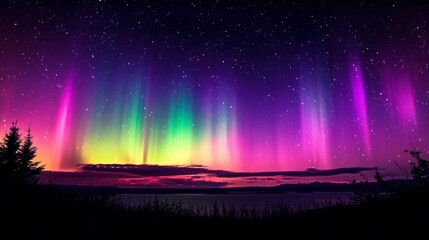 Vibrant northern lights illuminate the night sky over a serene lake, surrounded by silhouetted trees