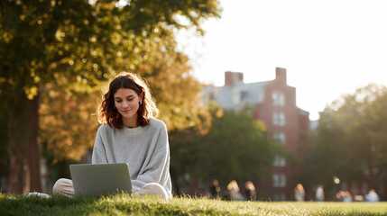 Young woman working on laptop outdoors, sitting on grass, bathed in warm sunlight. Represents flexibility, education, and modern lifestyle. Perfect for technology, learning,  campus life.