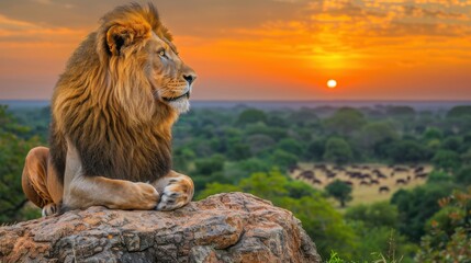 Majestic Lion Watching Sunset Over African Savannah Landscape