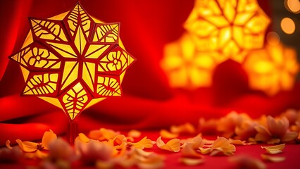 Golden star lanterns glowing against red silk, with scattered chrysanthemum petals for a festive touch.