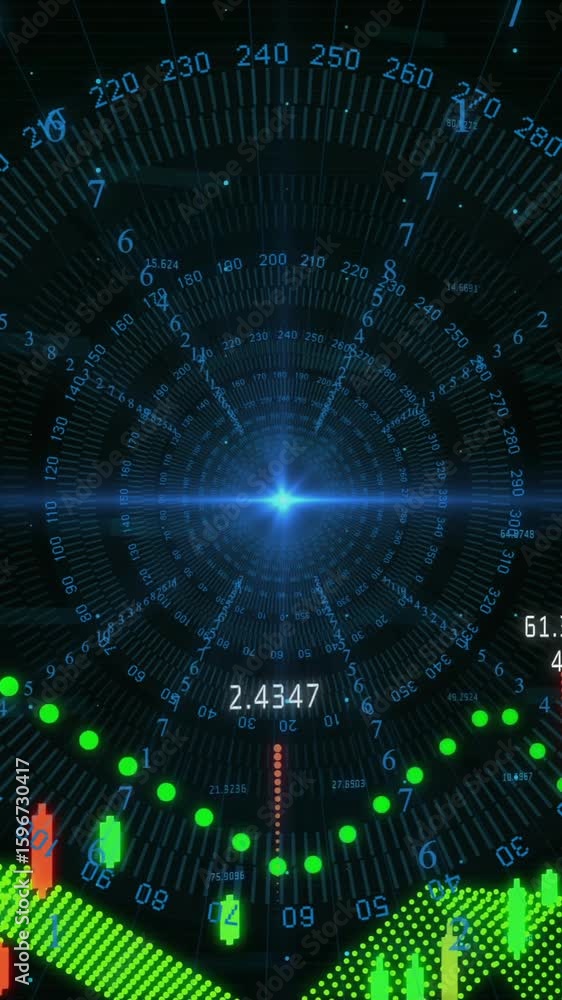 Poster visualizing stock market data with animation, numbers, and charts on dark background