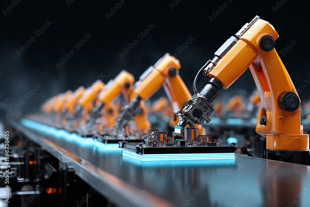 Poster robotic arms work in perfect synchronization, assembling electronic components. illustrates automati