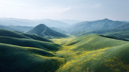 Fototapeta premium Rolling green hills meet distant mountains in a tranquil landscape. Ideal for conveying peace, nature, growth, and new beginnings. Scenic vista for travel, environment.