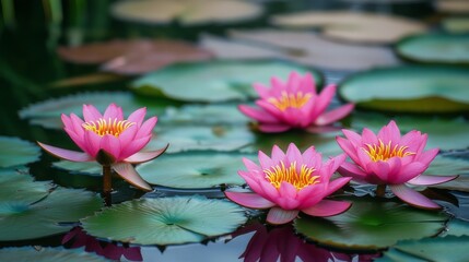 Vibrant pink water lilies bloom gracefully on serene pond surface surrounded by lush green leaves