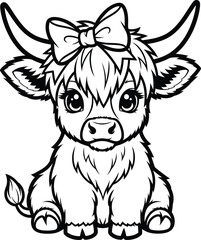 Adorable cartoon Highland cow girl with bow.