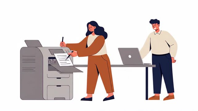 Flat vector an employee is using a printer to copy documents in the office, while another works at a computer on a desk