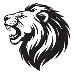 Vector art of a fierce lions head in profile, roaring with its mouth open and a full mane, depicted as a black silhouette on a white background