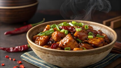 Spicy kung pao chicken with chili peppers and scallions