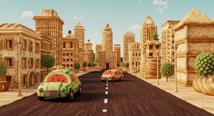 Whimsical cityscape featuring cookie buildings and fruit-themed cars driving down a sunny street