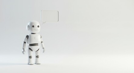 Fototapeta premium Small white robot figure stands on a white surface with a thought bubble.