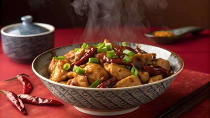 Steaming bowl of spicy kung pao chicken with dried chilies