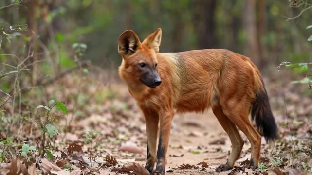 Dhole Wild Dog Stares Intently in Forest Habitat, Alert and Curious