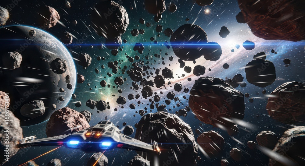 Poster futuristic spaceship flying through dark asteroid field in outer space