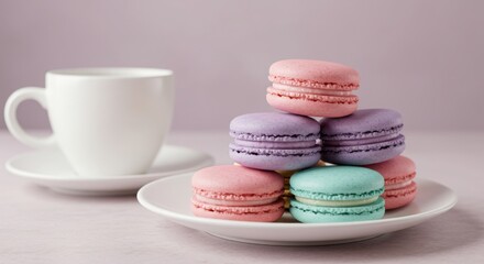 Obraz premium Stack of colorful macarons on a plate with a white cup and saucer nearby