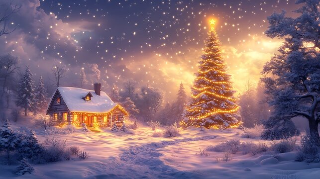 Winter wonderland christmas scene featuring illuminated house and glowing christmas tree