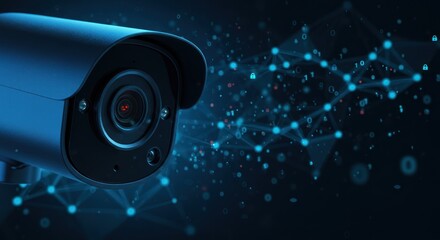 Security camera with digital network overlay representing surveillance and data connection.