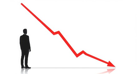 Silhouette of man looking at a downward trending red line on white surface