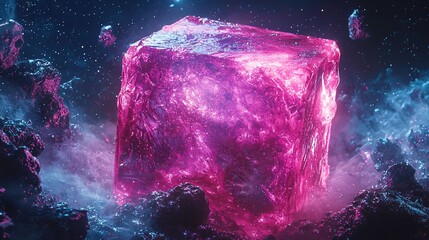 Fototapeta premium Cosmic, luminous cube, swirling nebula, space rocks