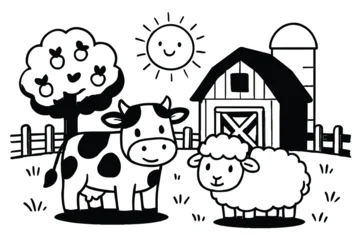  Simple black and white farm scene for coloring. © Aly