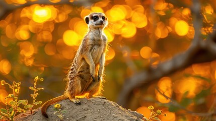 Alert Meerkat Standing on Rock Against Golden Bokeh Background